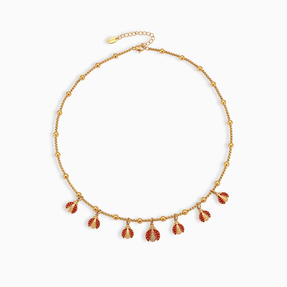 Fashion Red Oil Drip Beetle Zirconium Clip Bead Necklace on White Background, 40+5cm Gold DIY Chain