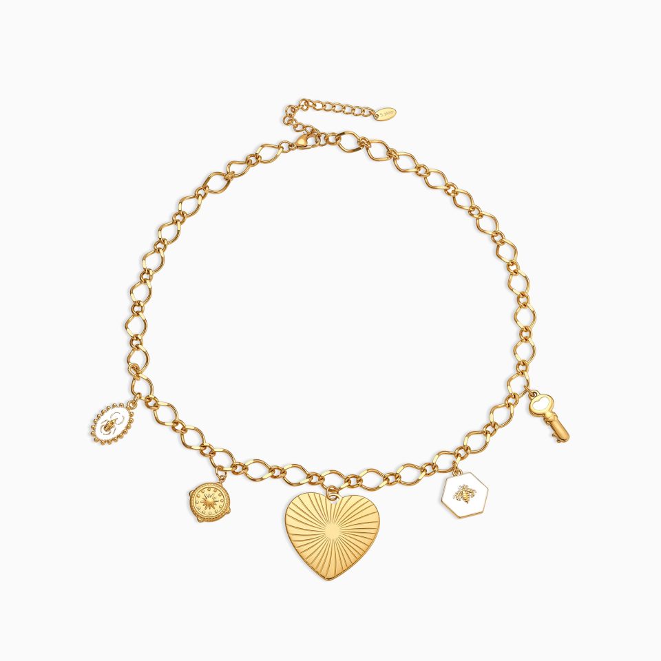 Gold Heart Charm Necklace in 18K plated stainless steel with enamel accents, 40+5cm white background main image