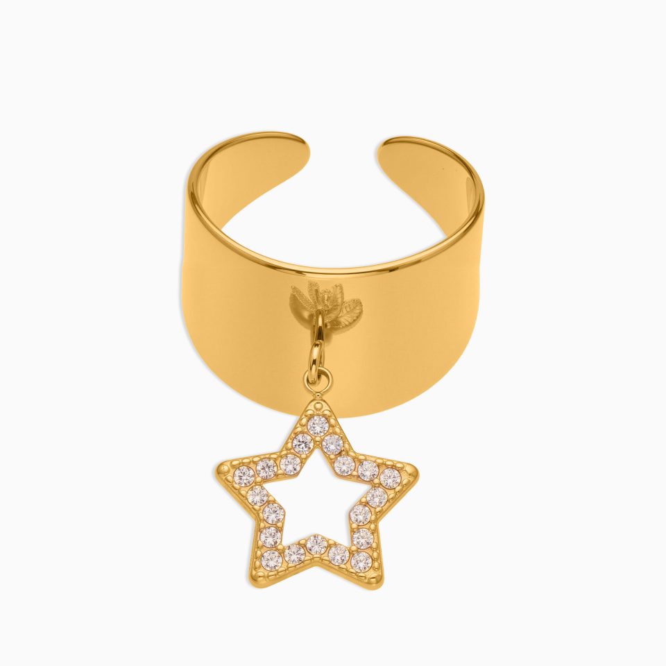 Gold Hollow Five-Pointed Star Zircon Ring