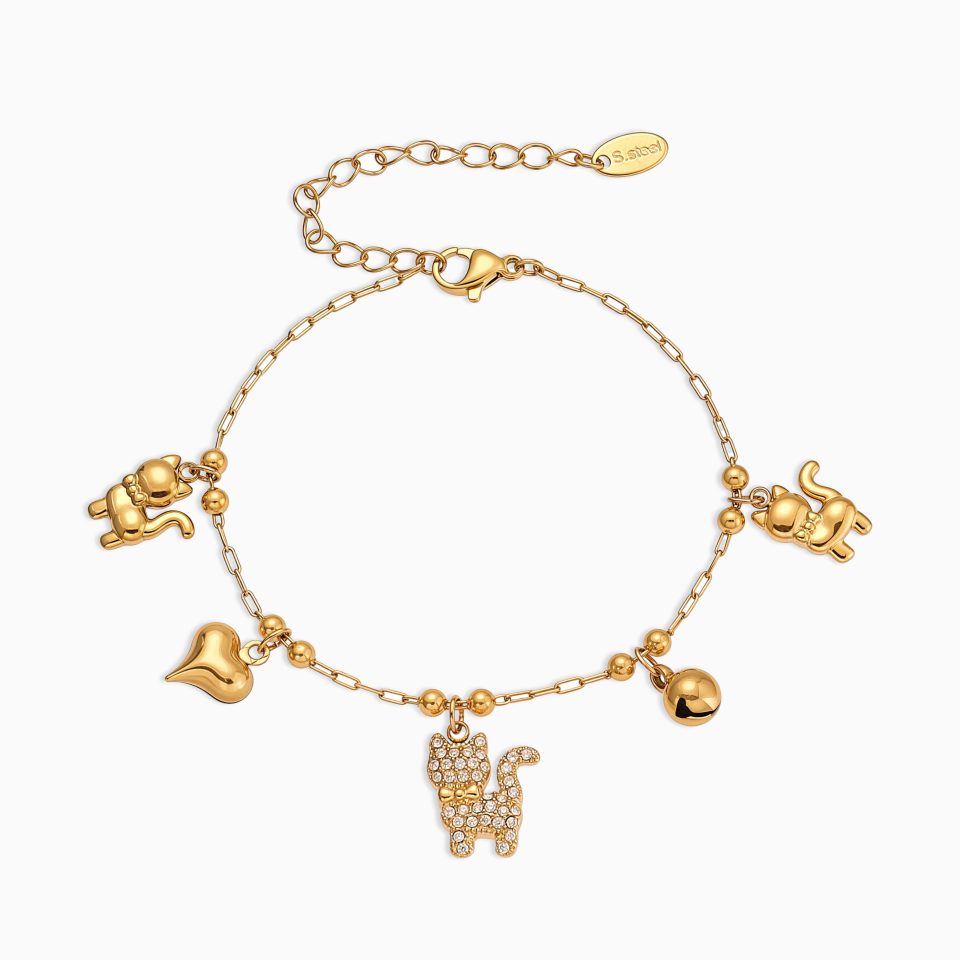 Gold cat bell charm bracelet with 5A zirconia, stainless steel, main product photo on white background