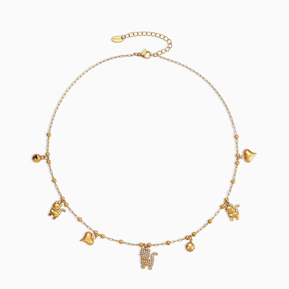Sparkling Cat Bell Pendant Necklace in gold stainless steel with 5A zirconia, waterproof and hypoallergenic jewelry.