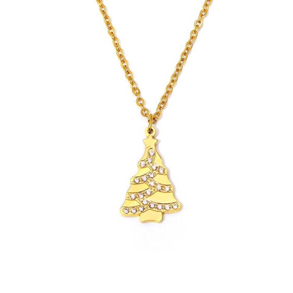Golden Christmas Tree Necklace with Zircon P1673-