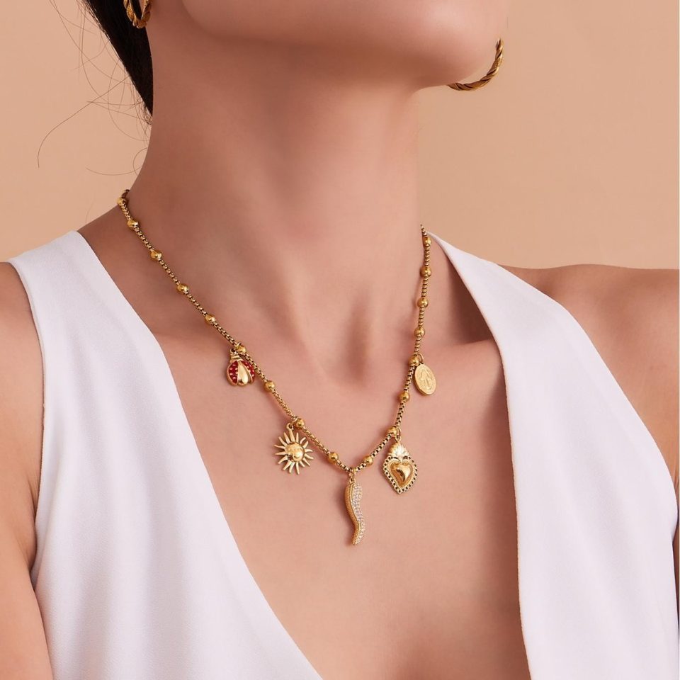 Model wearing a gold DIY pendant necklace P1104