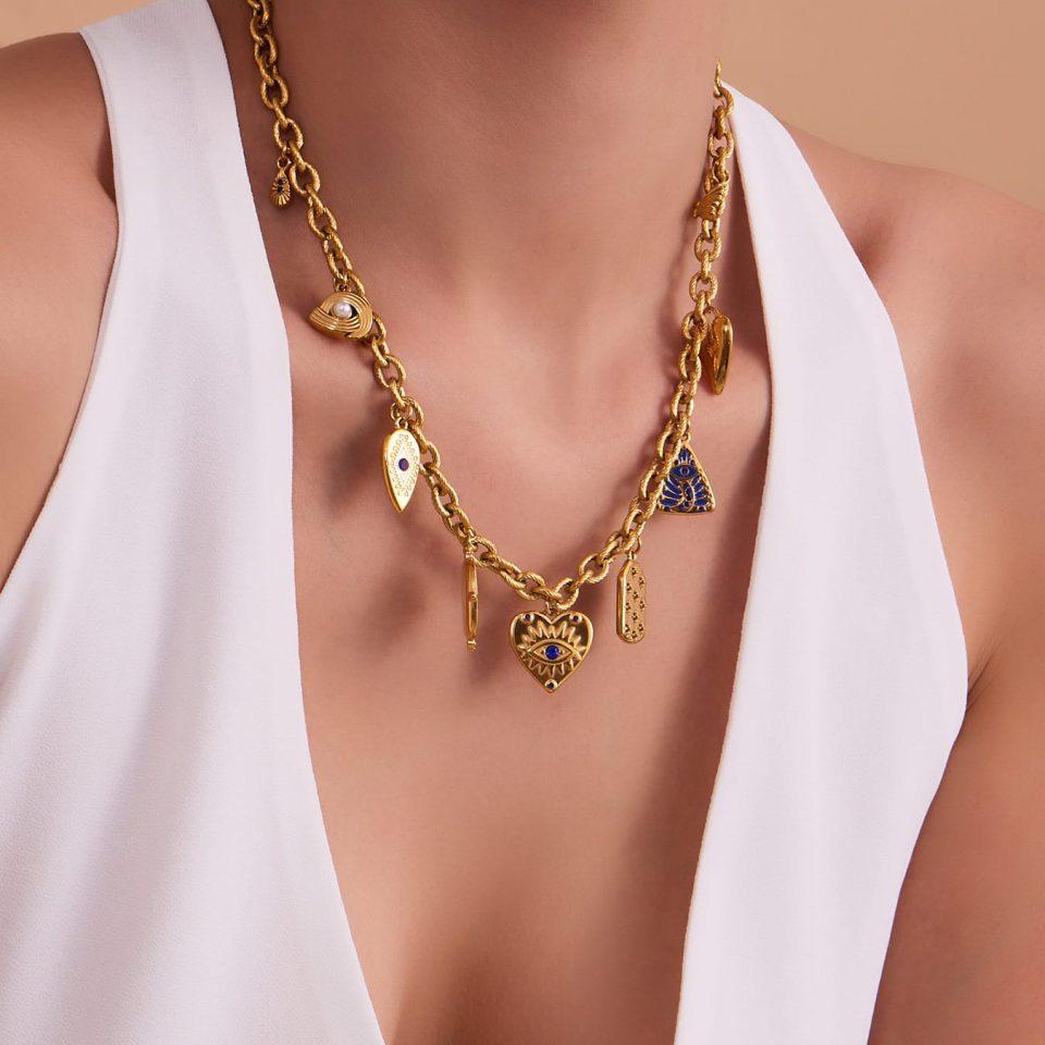 Model wearing a gold blue zircon DIY necklace TXP367