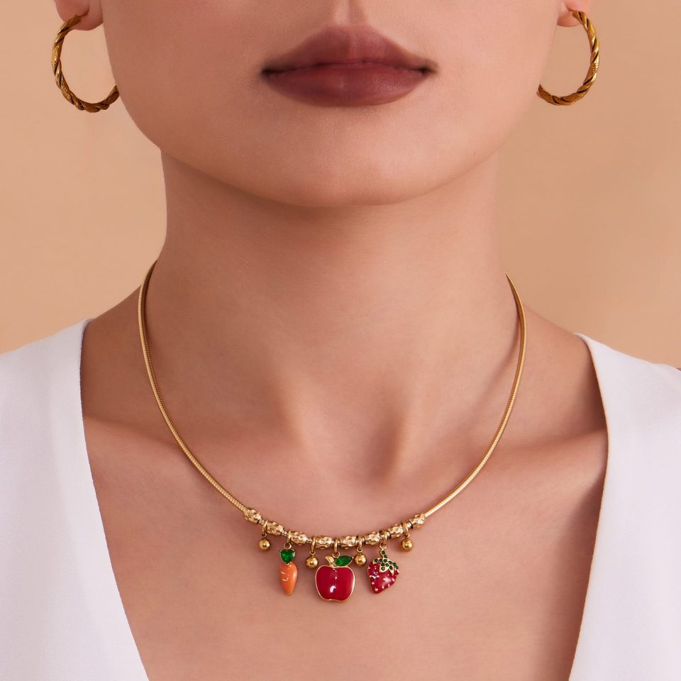 Model wearing glazed fruit necklace P1425