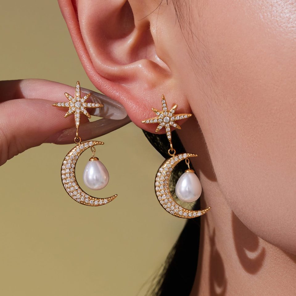 Model wearing gold eight-pointed star zircon earrings TXF405