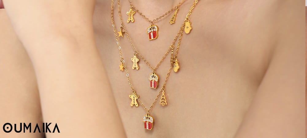 Gold stainless steel layered necklace with Christmas gift box pendants, holiday fashion jewelry
