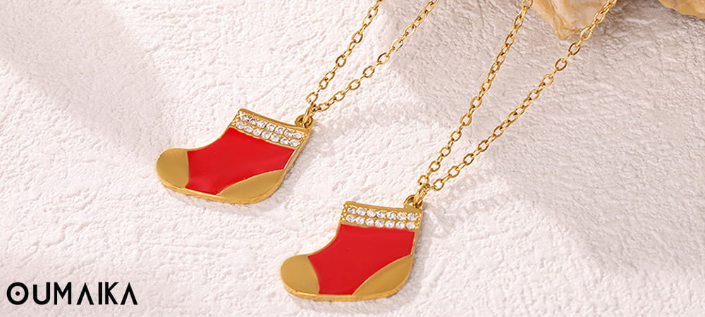 Christmas red socks cubic zirconia necklace in stainless steel with gold plating, festive holiday jewelry gift