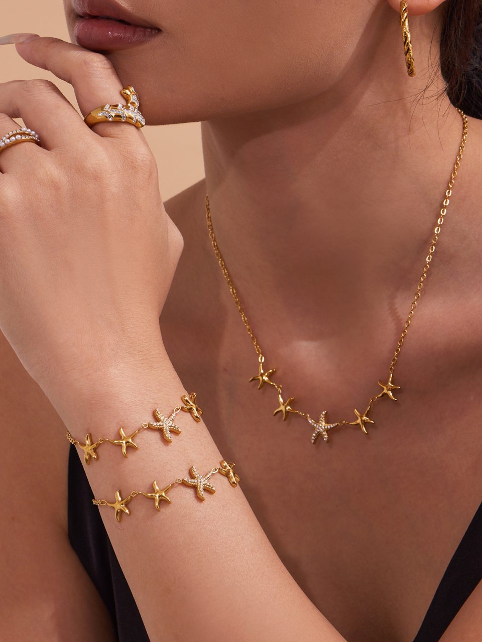 Gold Plated Starfish CZ Necklace and Matching CZ Starfish Ring Set