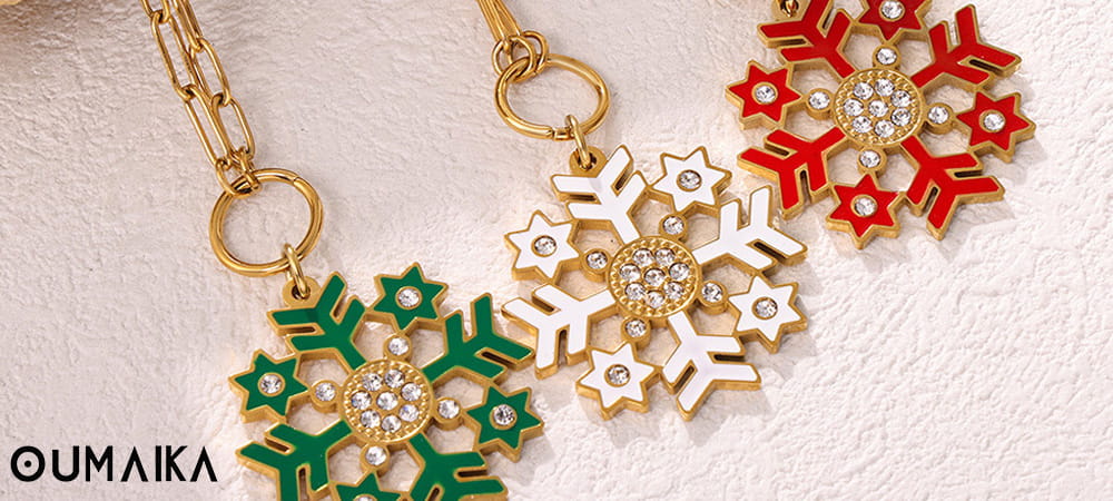 Green, white, and red snowflake pendants with rhinestones – Christmas jewelry gifts 2025