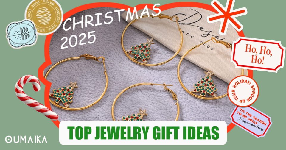 Top jewelry gift ideas for Christmas 2025: gold hoop earrings with Christmas tree pendants and festive holiday decorations by Oumaika Jewelry.