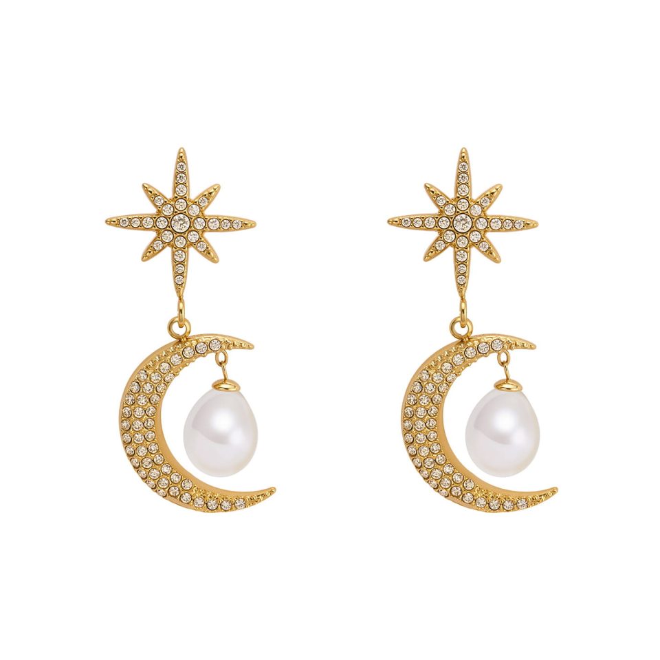 TXF405 gold moon cubic zirconia earrings | stainless steel drop earrings white background