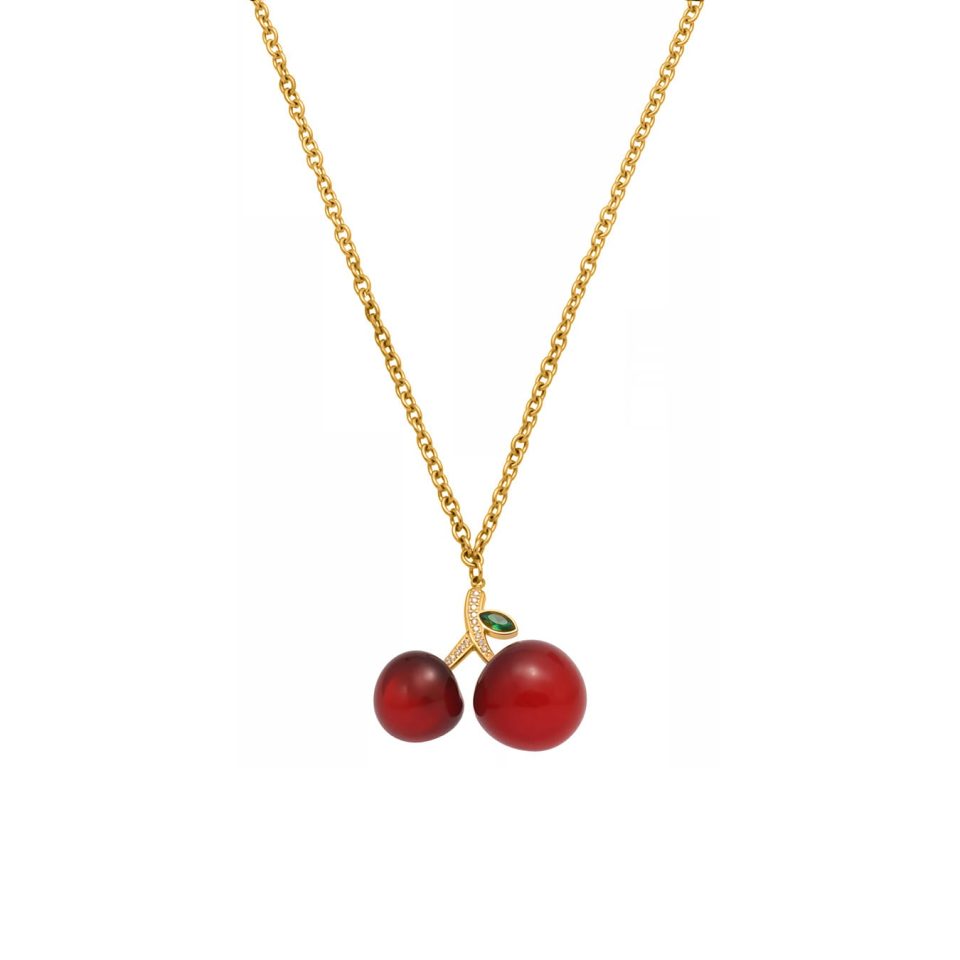 Minimalist cherry resin pendant necklace in deep red, crafted from stainless steel with glossy resin cherries and adjustable 41+5cm chain.