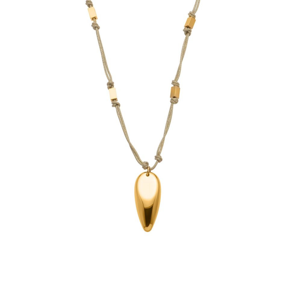Polished Teardrop Necklace on Black Leather Cord – 18K Gold Stainless Steel Jewelry