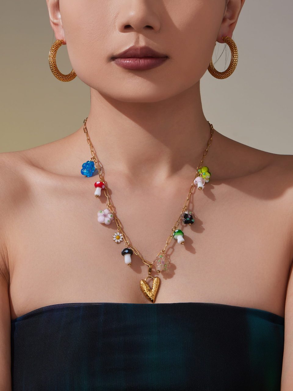 Model wearing a gold heart DIY pendant necklace P2183