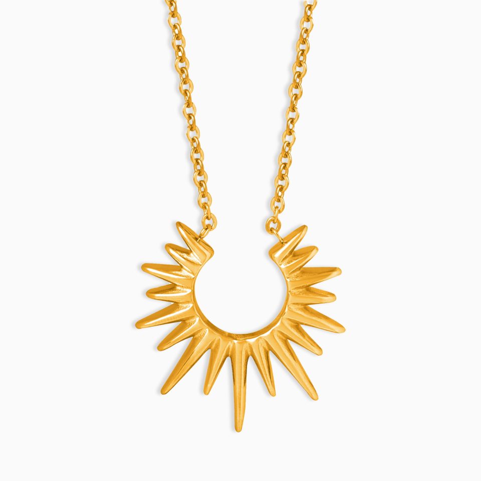 Geometric Radiance Pendant Necklace in gold stainless steel on white background, minimalist jewelry for women.